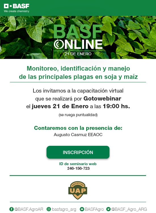 Agenda la jornada! Monitoreo, identifica ión y manejo de plagas en soja y maíz ! attendee.gotowebinar.com/register/16102…
Te esperamos! 
<a href="/BASF_Agro_ARG/">BASF Agro Argentina</a> <a href="/NoticiasdeCampo/">Noticias de Campo</a> <a href="/BichosdeCampo/">bichosdecampo</a> <a href="/BumperCrop1/">Bumper Crop</a> <a href="/VascoSallaberry/">Vasco Sallaberry</a> <a href="/LuisRoblesTeran/">LuisRoblesTeran</a> <a href="/crea_arg/">CREA</a> <a href="/teddycotella/">Teddy Cotella</a> <a href="/EzequielKriege1/">Ezequiel Krieger Marin</a>
