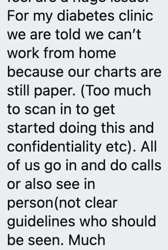 Here's an RN in a diabetes clinic whose whole office is still going into work because the office has paper charts