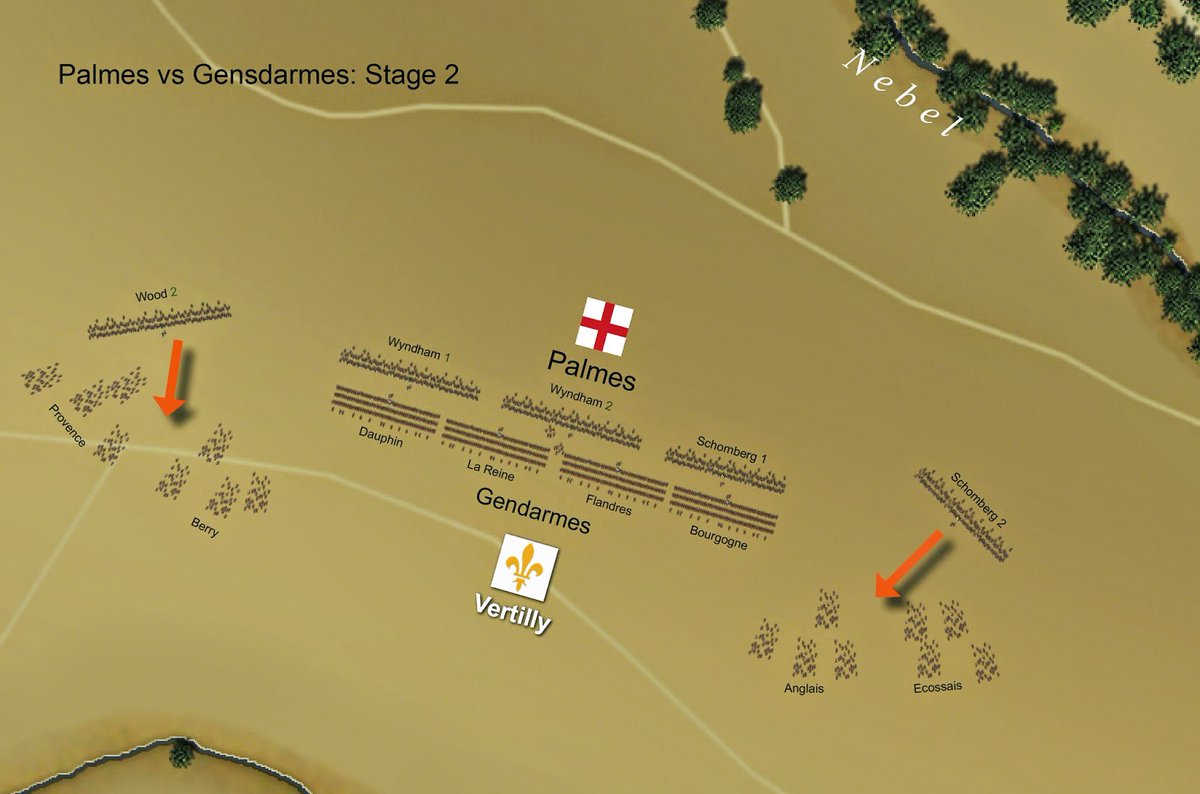 The French line was longer than that of the British dragoons, but it mattered little. Palmes ordered the squadrons on his flanks to separate from the main body and hit the French squadrons that were attempting to outflank him at full speed.