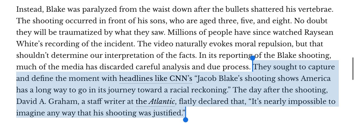 Here were the remarkably premature and dishonest responses from  @CNN and  @GrahamDavidA in  @TheAtlantic. “It’s nearly impossible to imagine any way that his shooting was justified.” https://quillette.com/2020/09/08/police-violence-and-the-rush-to-judgment/