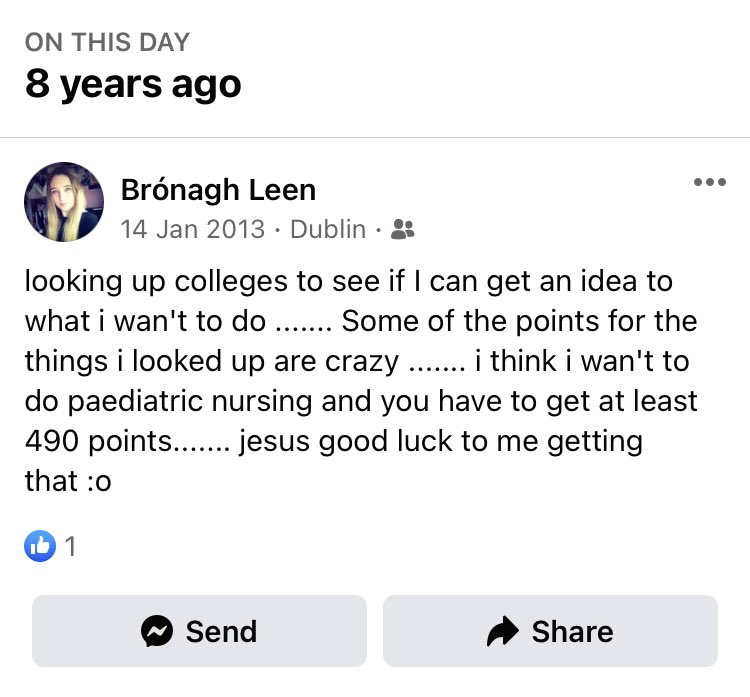 This is crazy. I posted on my old Facebook how I wanted to do Paediatric nursing but I didn’t believe I was good enough..... fast forward 8 years and I’m just about to begin semester 2 of year 1 🥺😍#dcunurses #childrensandgeneralnursing #generalnursing #paediatricnursing