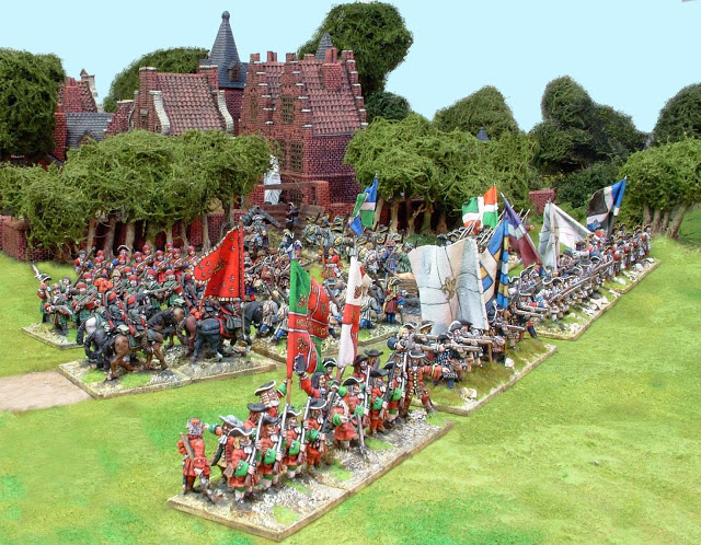 The garrison of Oberglau presented a major threat to the flank of Marlborough’s advance and had to be neutralized before Marlborough could deliver the coup de grâce. The village was held by 5,000 soldiers, including men from 3 regiments of the already famous Irish Brigade.