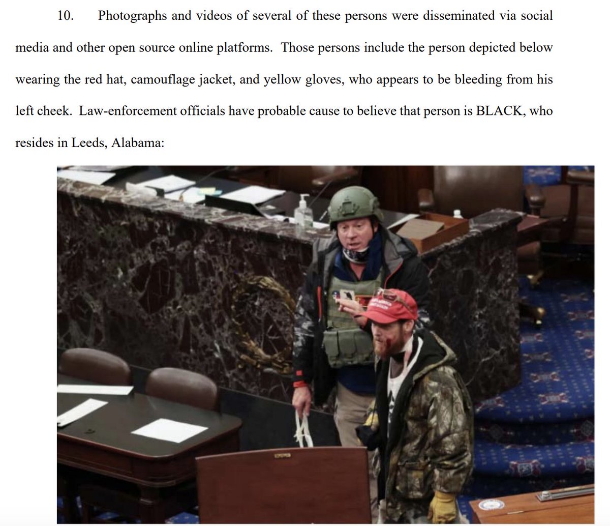 The guy in the red hat with the bloody cheek in the Senate chamber has been arrested. He said the crowd became unruly "once we found out Pence turned on us.""The crowd went crazy. I mean, it became a mob." https://www.justice.gov/opa/page/file/1354806/download