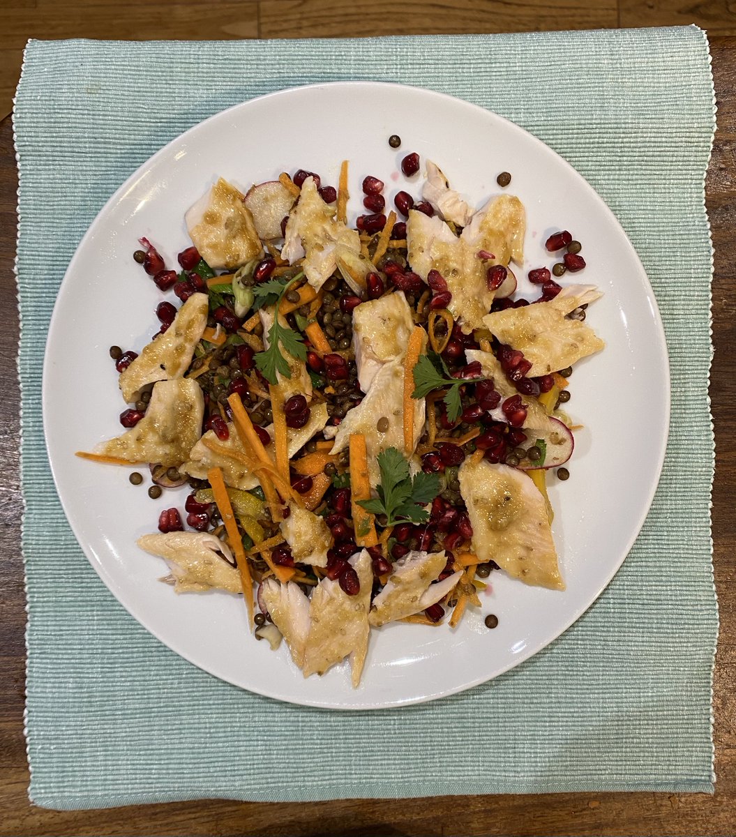 Miso trout with pomegranate and lentil salad courtesy of <a href="/MereFishFarm/">Mere Trout</a>. Wiltshire's finest