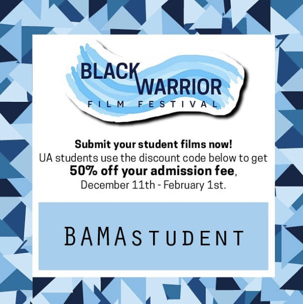 BWFF_UA's tweet photo. 🎞️Don't forget to submit your films before February 1st
Use the code “BAMAstudent” to be gifted 50% off your admission fee for Black Warrior Film Festival 2021.📹

SUBMISSION LINK: https://t.co/0lr7ngcuX5 https://t.co/HKyYM8xRYv