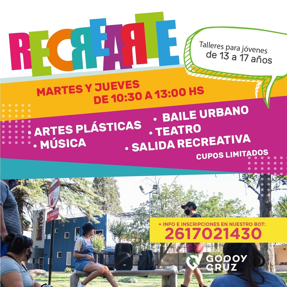 📣 ¡Sumate a los talleres de #RecrearteGC para adolescentes en Casa del Futuro!

Arrancamos el martes 19/01 de 10.30 a 13.00 hs. con: 
🎨 Muralismo y arte
👯 Danzas urbanas
🎭 Teatro
🥁 Música

📲 Informes e inscripciones al whatsapp 2617021430