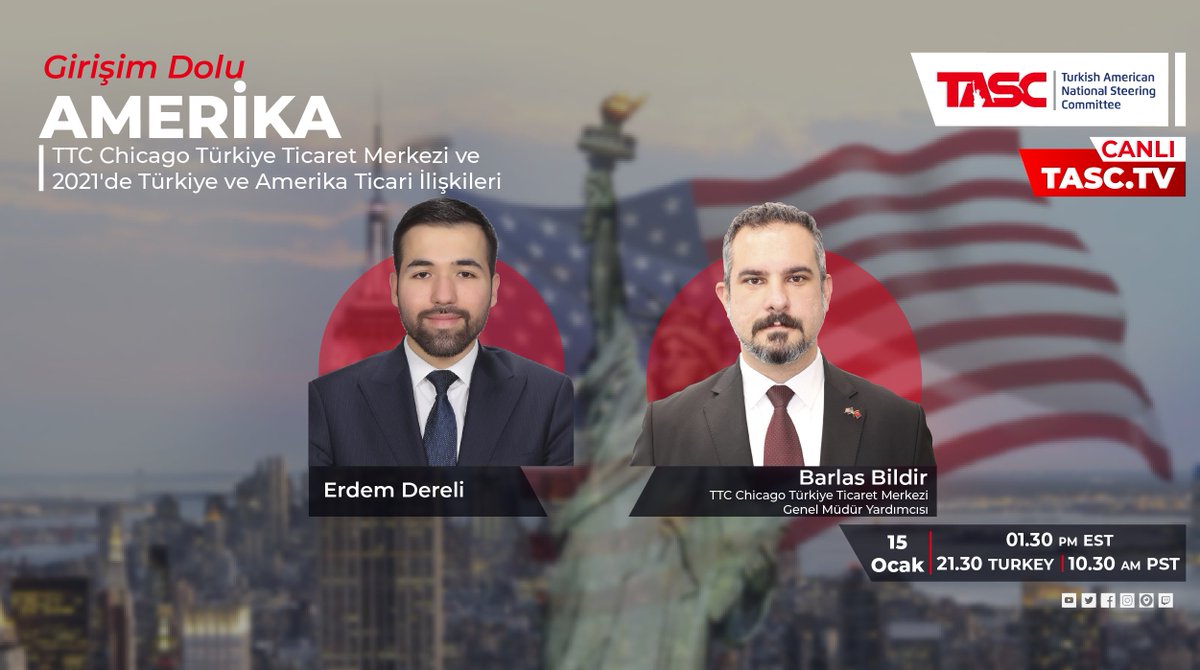 Erdem Dereli ile Girişim Dolu Amerika programında Erdem Dereli'nin konuğu, TTC Chicago Türkiye Ticaret Merkezi ve 2021'de Türkiye ve Amerika Ticari İlişkileri konusuyla TTC Chicago Türkiye Ticaret Merkezi Genel Müdür Yardımcısı Barlas Bildir.

📌#ErdemDereli <a href="/TradeTobb/">TOBB Trade Center</a> 
📌#TASCTV