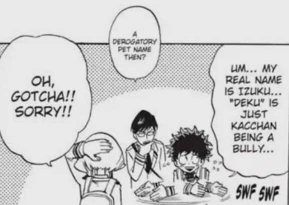So here we start               Before even knowing him, she already paid attention to the name bakugo has and the name he gave to izuku