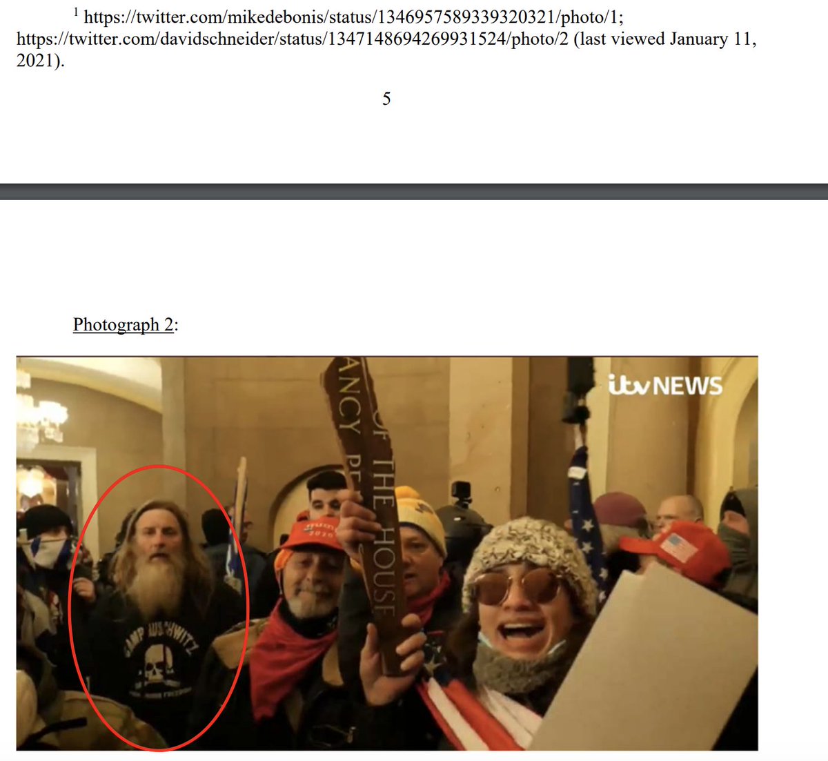It appears this screengrab by  @mikedebonis helped police ID the man in the Nazi shirt.  https://www.justice.gov/opa/page/file/1353136/download https://twitter.com/mikedebonis/status/1346957589339320321