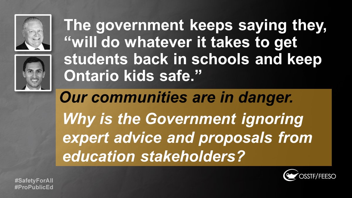 #OSSTF continues to call on the Ford gov't to take every precaution reasonable to protect workers, students, and communities.

They say they will do "everything possible to keep Ontario kids safe." 

Rhetoric + half-measures won't cut it. We need #SafetyForAll.
#Onted #OnPoli