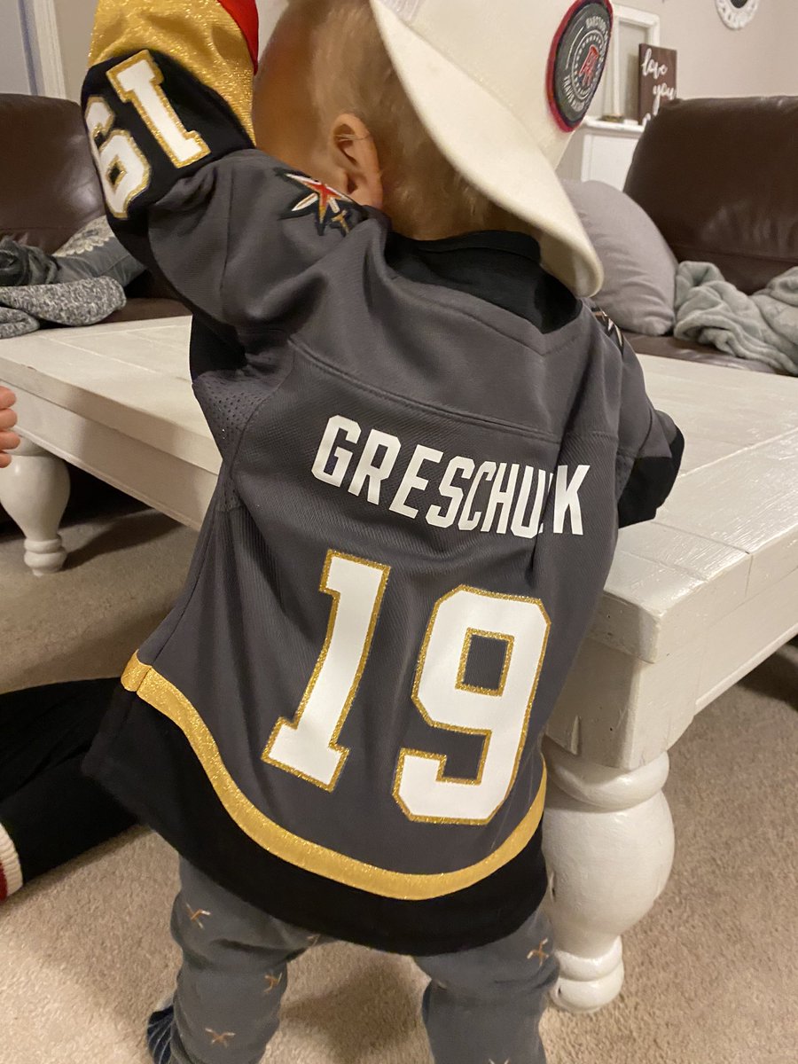 Greschuk29's tweet photo. Blake wants to wish the @GoldenKnights &amp; @RosatiMike good luck in their opener tonight! Thanks for the new jersey Uncle Rosy!! https://t.co/4aO8wSCf3B