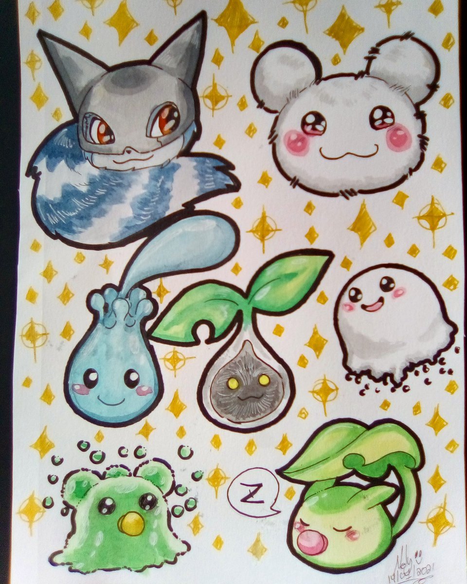 Merumel1's tweet photo. More baby Digimon✨✨
#digimon #caprimon #kapurimon #yukimibotamon #moonmon #nyokimon #poyomon #pabumon #leafmon #watercolors #traditionalart #artistsontwitter #myart #myartwork #mydoodles https://t.co/DnW9xLmL8s