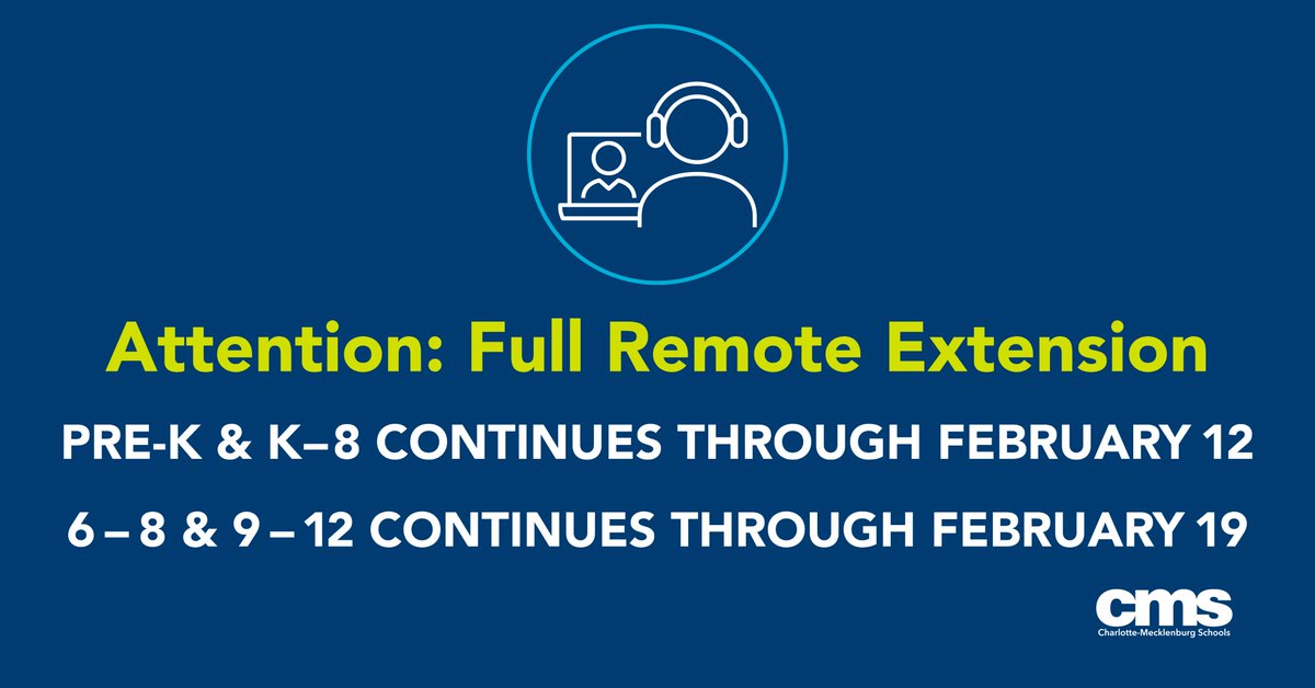 CharMeckSchools's tweet image. (1/3) The CMS Board of Education has voted to align with the county-wide three-week directive and will maintain our full remote learning.