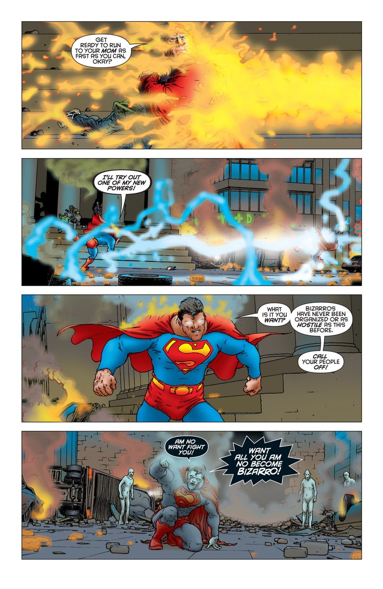 The fight with Bizarro is a ton of fun. We bet too see more of Clark's new powers. Also, marks the first time we'll see Clark confronting a cracked mirror version of himself. Later, we'll have Zibarro, Bar-El and Lilo, Solaris in a way, and ultimately Lex.