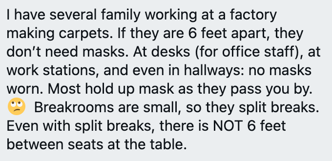 At this essential ontario carpet manufacturer masks aren't worn if more than 6 feet apart, nor could they if that even really mattered with an airborne virus