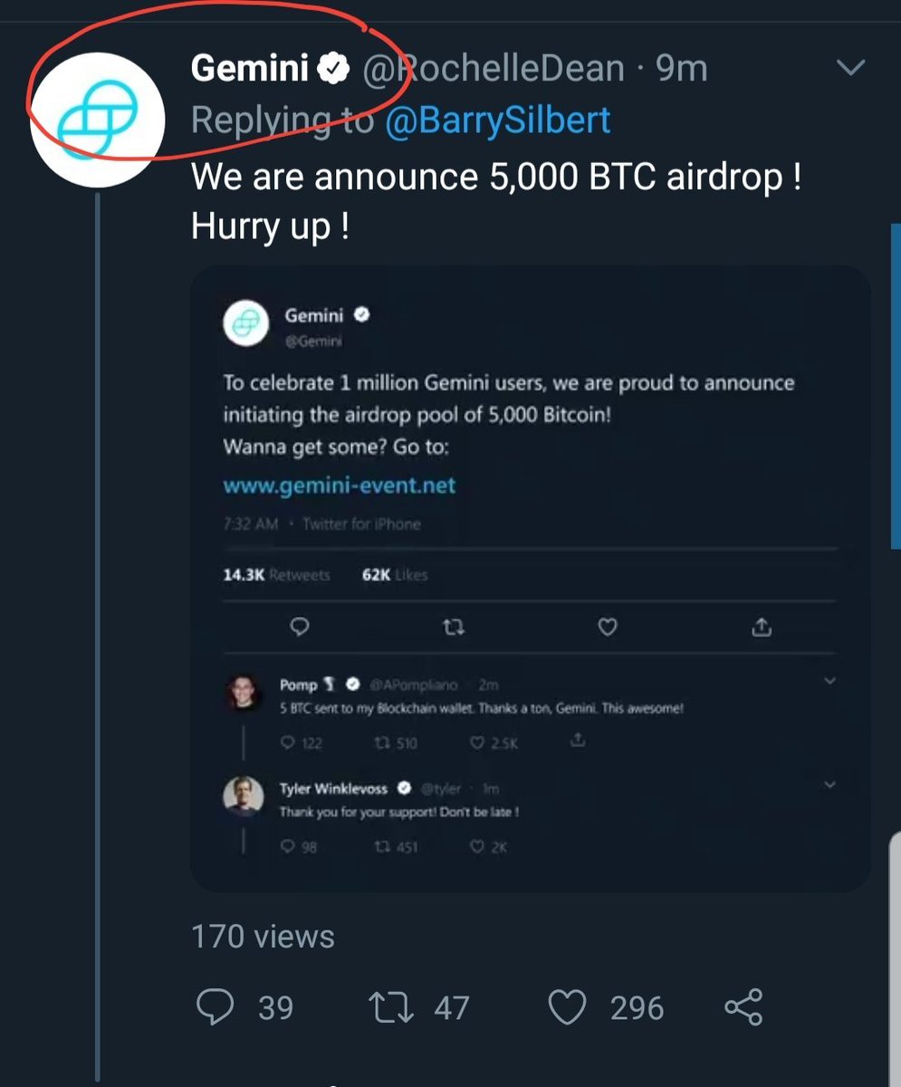 2/ Impersonators/Airdrops.In the below cases, verified accounts have been hacked and 'rebranded' to impersonate popular personalities/projects.On first glance, it seems legit. What's off?- The handle,- Airdrop promotions,- Spelling, (lol),- Account comment/engagement