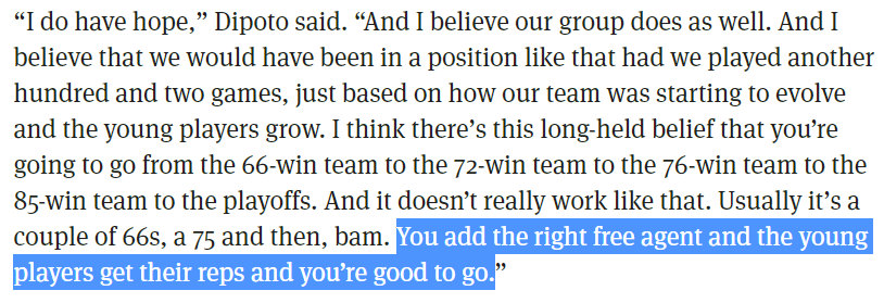 Had to make sure I wasn't crazy remembering Dipoto and Servais talking about playoffs in 2021 being the goal so I re-read this column from September. This quote really stood out.  https://www.seattletimes.com/sports/mariners/with-covid-scrambling-2020-the-mariners-are-refocused-on-a-major-2021-goal-making-the-playoffs/