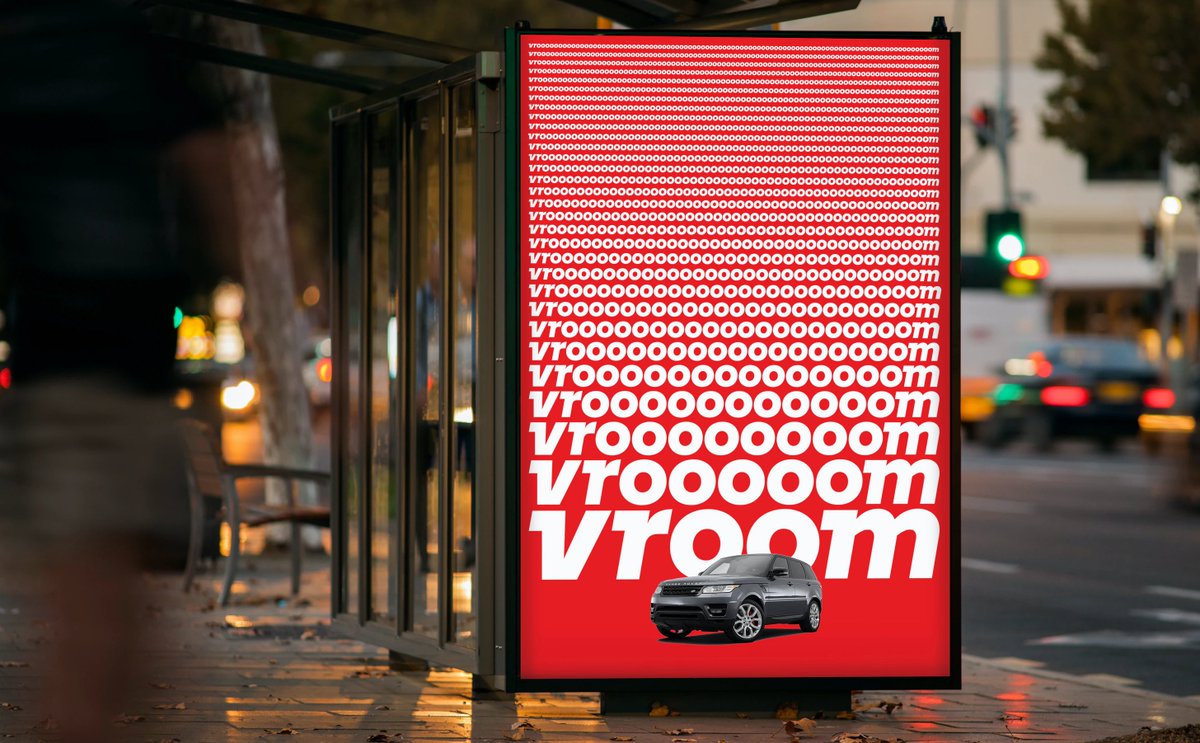 Vroom’s first spot uses ‘Vroom Sans’, a custom typeface by Pentagram that leans forwards and casts its thicc serifs backwards to elicit a sense of speed. It’s deliciously consistent across their ads (for now). First pic = Super Bowl ident. Other three = other ads.