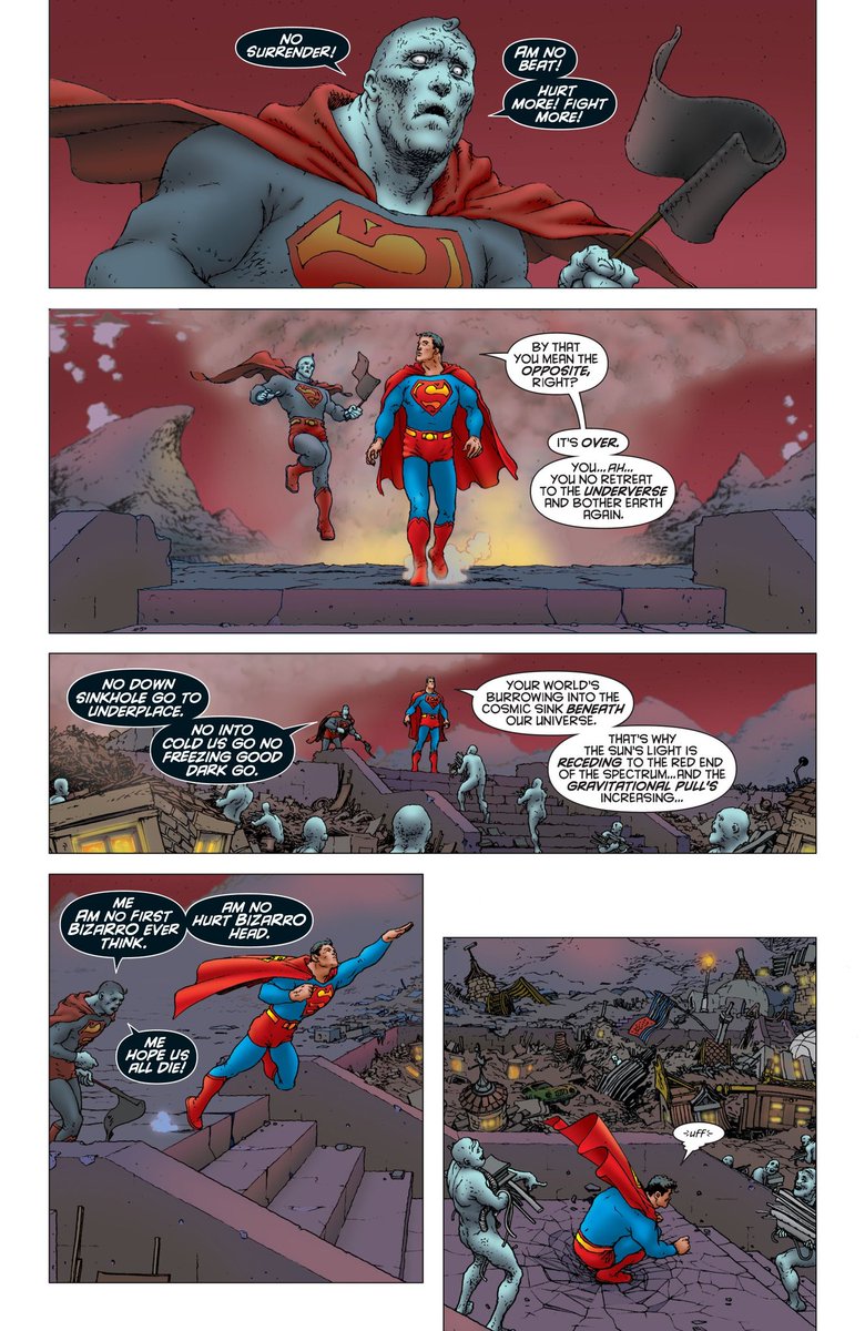 I really like that the second he stops fighting and starts interacting with Superman, Bizarro starts gaining more complex thoughts, and most important of all, he starts feeling compassion.