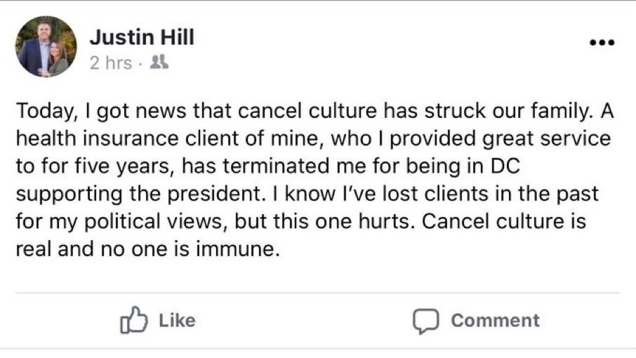 @ProjectLincoln Translated: 'Today, I got news that accountability is a thing. One of my clients found out I'm a shitheel and fired me for being an Insurrectionist. I've been a shitheel for a long time, and now it caught up with me. I got cancelled, but I'm the victim and need someone to blame.'