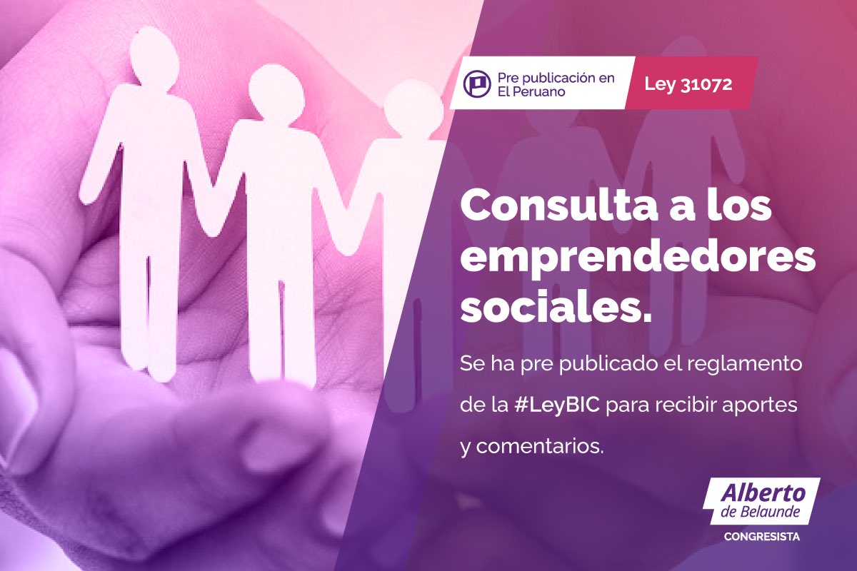 ¡Buenas noticias! Se ha publicado el proyecto de reglamento de la #LeyBIC, que reconoce e impulsa a los emprendimientos sociales.

Pueden revisarlo y enviar sus comentarios y aportes durante 10 días en el siguiente link:

📄👉gob.pe/institucion/pr…