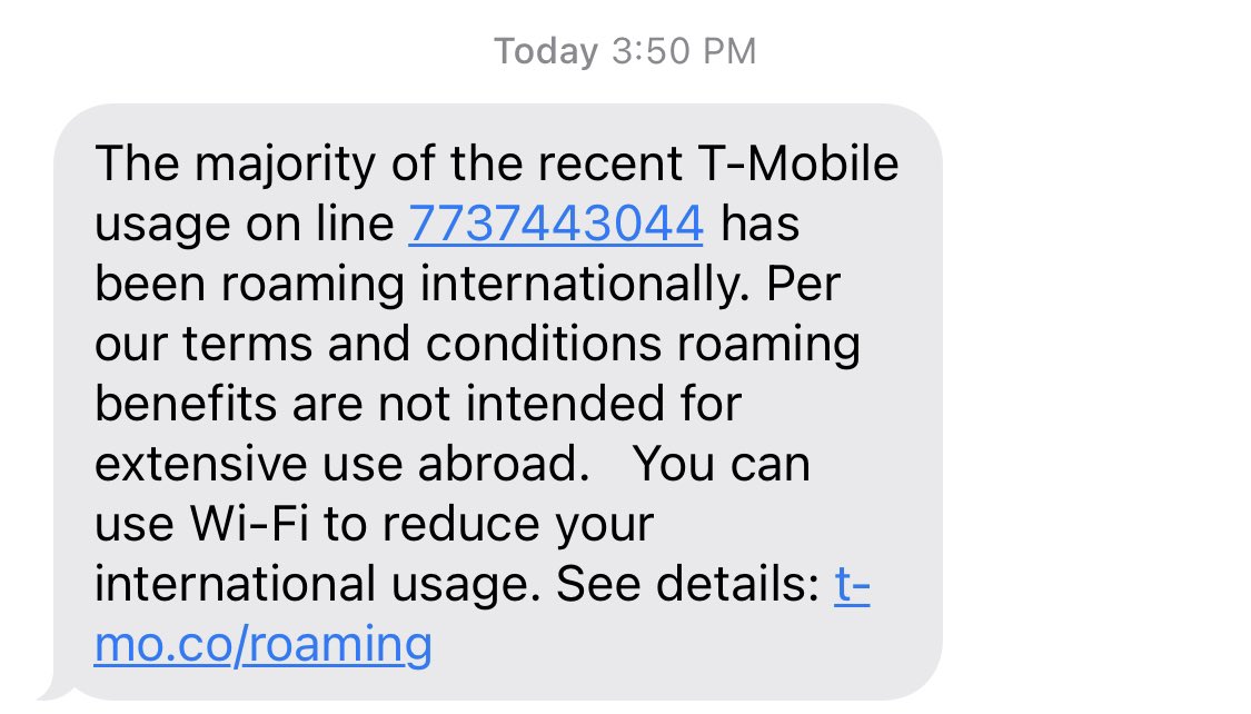 emi_d773's tweet photo. 6 minutes of roaming during a 5 week trip, which you were notified about proactively. I even purchased your international data plan. Your logic for automated messages needs to be updated if you wish to retain customers who travel. Stop harassing me. @TMobile https://t.co/fRrHqXdPi8