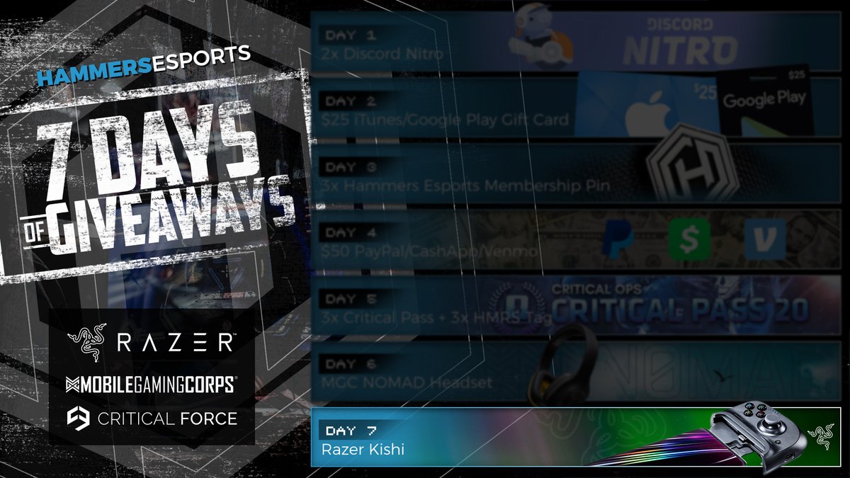 7⃣ Daily Challenges 🔔
7⃣ 𝐸𝓅𝒾𝒸 𝙂𝙖𝙢𝙚𝙧 𝘗𝘳𝘪𝘻𝘦𝘴
7⃣ Days of ✨ Giveaways ✨

🎁7⃣ Razer Kishi
RT, ❤️ &amp; Follow <a href="/TeamRazer/">Team RΛZΞR</a> to enter our FINAL giveaway!