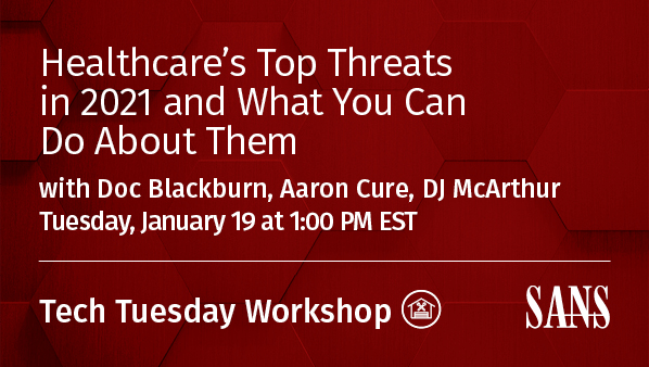 SANS Offensive Operations (@sansoffensive) on Twitter photo Hands-on #SANSTechTuesday Workshop, Top Threats to Healthcare Security
<a href="/DocBlackburn/">Doc Blackburn</a> <a href="/curea/">Aaron Cure</a> & <a href="/djmca5280/">DJ McArthur</a> will be walking you through exercises on #ransomware, 3rd-party insecurities, vuln remediation, & more, all with #HIPAA compliance
Register here: sans.org/u/1a78 Hands-on #SANSTechTuesday Workshop, Top Threats to Healthcare Security
<a href="/DocBlackburn/">Doc Blackburn</a> <a href="/curea/">Aaron Cure</a> & <a href="/djmca5280/">DJ McArthur</a> will be walking you through exercises on #ransomware, 3rd-party insecurities, vuln remediation, & more, all with #HIPAA compliance
Register here: sans.org/u/1a78