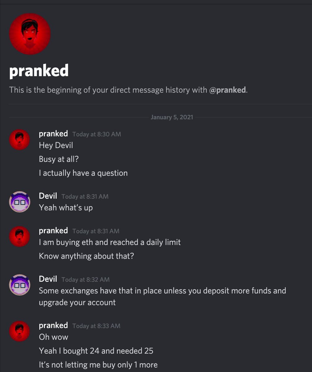 3/ DM's on Discord, Telegram, etc by Admins, Projects leads, 'friends', influencers, etc.The below is a Pranksy & DCLBlogger impersonator asking for 'help'.Devil got scammed 10ETH, HP was safe. But either way, a VERY common scam on social apps.