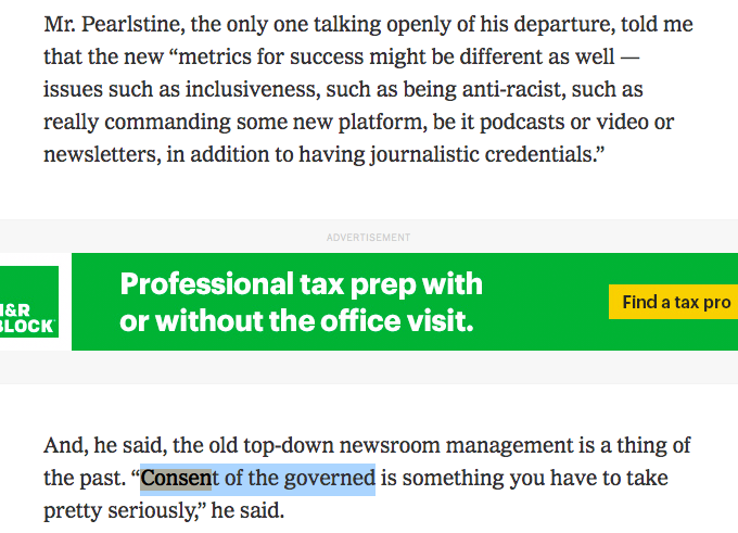 I think Norm Pearlstine's point about the "consent of the governed" is the smartest thing anyone has observed about this moment in newsrooms/the grapple between management and labor  https://www.nytimes.com/2020/11/01/business/media/ben-smith-election.html