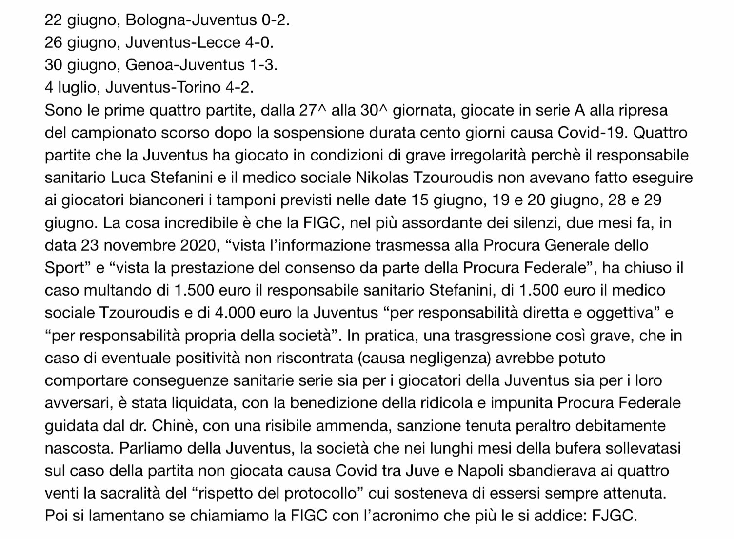 Juventus multata per non aver rispettato il protocollo