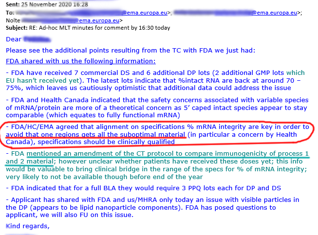 momotchiii's tweet photo. Un autre extrait des emails de l'Agence Européenne du médicament citant la FDA, à propos des #vaccins Pfizer commerciaux qui ont une "intégrité en % d'ARNm" inférieure aux vaccins des tests cliniques... Disant d'éviter qu'une seule région reçoive le "matériel suboptimal" #EMALeak https://t.co/spCvmxY5hD