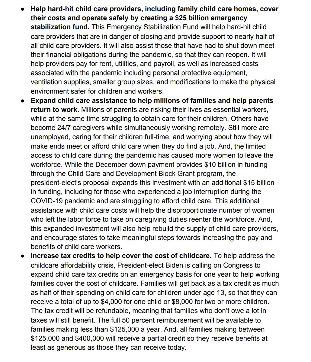 Biden's relief plan calls for an utterly massive bailout of the child care sector, including straight-up reimbursing half of the cost of child care for anyone making less than 125k / year. 