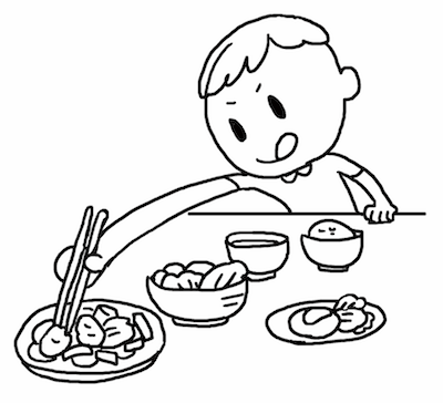 35. Zengoshi 膳越し ("across the table")Never reach across with chopsticks to take food from a dish on the other side of the table.Instead, pick up the dish with your hands and bring it closer to you, or ask someone else to pass it to you.