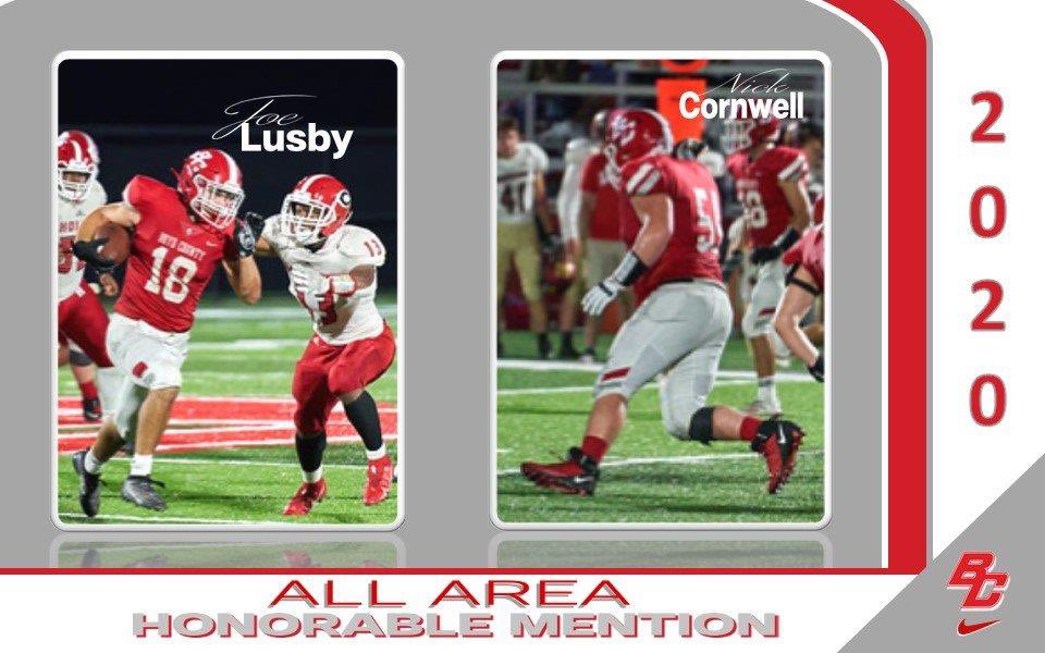 BCLionsFootball's tweet photo. Congratulations
All Area 2020 Honorable Mention
• @nickcornwell5 Nick Cornwell #54
OL, DT - 31 T, 6 TFL
• Joe Lusby #18
DB, RB, P - 40 T, 3 TFL, 396 APY, 3 TD https://t.co/llyB7d1N9Q