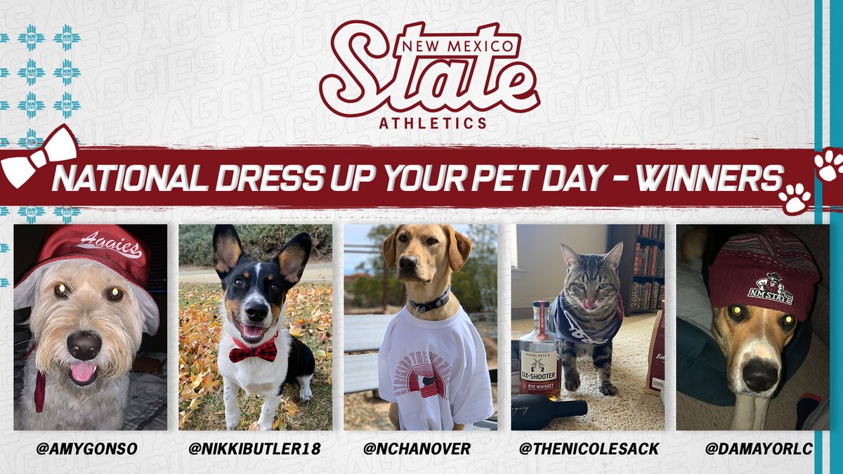 NMStateAggies's tweet photo. AWE! Thanks for sharing your pics!

Winners - Check your DM's ✔️

#AggieUp || #NationalDressUpYourPetDay https://t.co/3gKuUdFcop