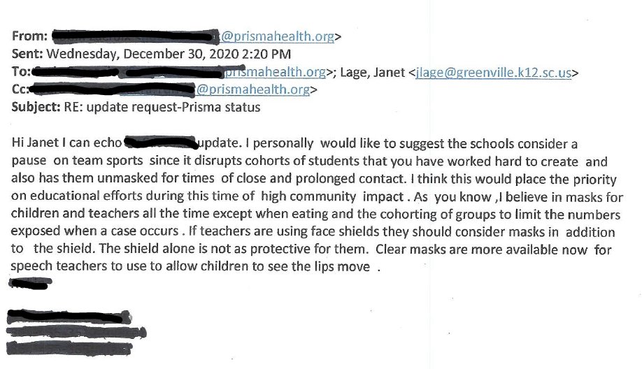 GcsdVirusInfo's tweet photo. @gcschools Superintendent Burke Royster claims he is basing COVID-19 protocols on recommendations of @theprismahealth. This email obtained by @AnnaBard2U shows that his statements are absolutely false. Be #GCSstrong and go #virtualuntilsafe. #gcschools https://t.co/Xj3RhD1miF
