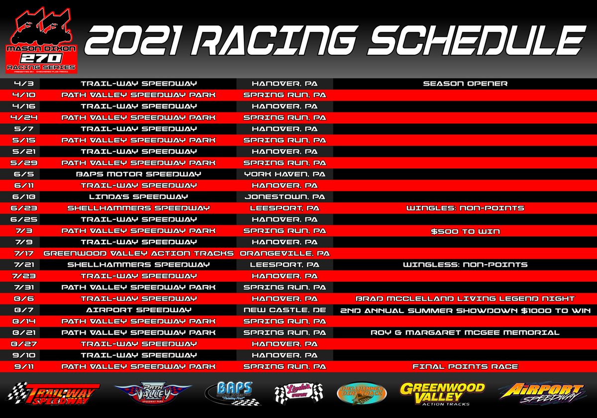 MD270Series's tweet photo. Here is our 2021 schedule! Come out on these dates to see some of the baddest 270's on the east coast!

#MD270 
#MicroSprint 
#TrailWay
#PathValley
#BAPS
#Lindas
#Shellhammer
#GVAT
#Airport https://t.co/8Alxu9XIIT