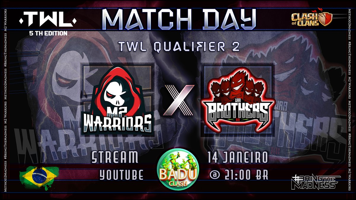 E ai Vamos de Guerra?
🏆 TWL Qualifier 2 🏆

⚔️🔥 M2 Warriors ❌Brothers BR🔥⚔️

📆14/01
⏰ 21:00

📺YOUTUBE: youtu.be/0_niYR7KIwY
<a href="/M2Warriors/">M2Warriors</a> <a href="/FacreZ_/">M2 FacreZ</a> <a href="/HeLgaCoC/">HeLga</a> <a href="/WbbrElite/">War Brothers BR</a> @TopWarLeague