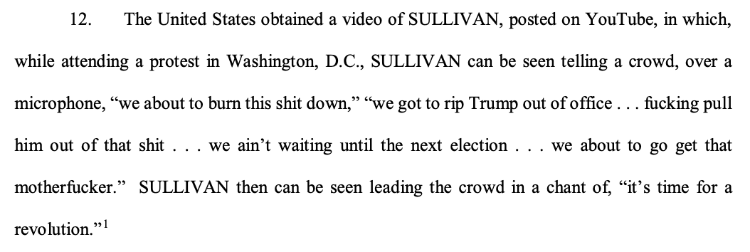 2/ The FBI alleged that moments before breaching the Capitol's security John Sullivan told a crowd of disguised counter-protesters, "we about to burn this shit down, we got to rip Trump out of office, fucking pull him out of that shit, we ain't waiting until the next election...