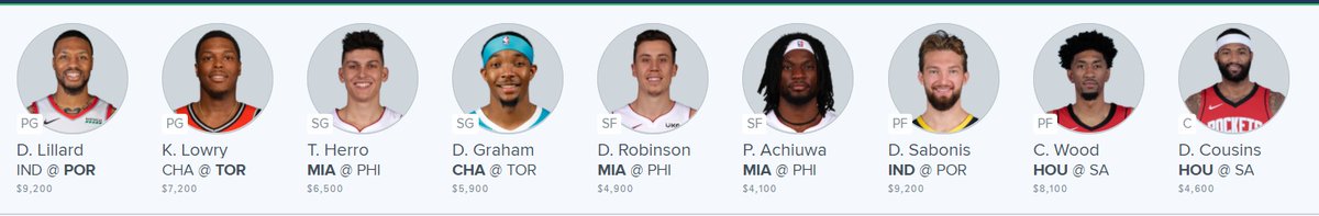 SideHustleFF's tweet photo. Cash lineup 1-14 on #FanDuel 

#Big💵: Lillard, Sabonis, Lowry 
#RocketStack🚀: Wood, Cousins
#HeatStack: Herro, Robinson, Achiuwa #HeatTwitter
#4xValue🍀: D. Graham #RCJH

This projects to a MONSTER 342+! Notes below. #SpreadTheWealth #DFS #NBA #NBATwitter https://t.co/xoFu6X1iA7
