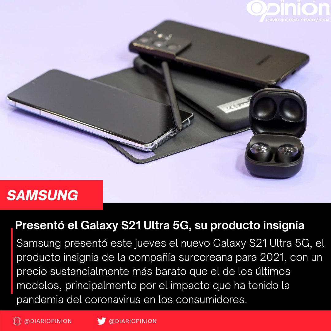 diariopinion's tweet image. Samsung presentó este jueves el nuevo GalaxyS21Ultra5G, el producto insignia de la compañía #surcoreana para 2021 con un precio sustancialmente más barato que el de los últimos modelos, principalmente por el impacto que ha tenido la #pandemia del #coronavirus en los consumidores.
