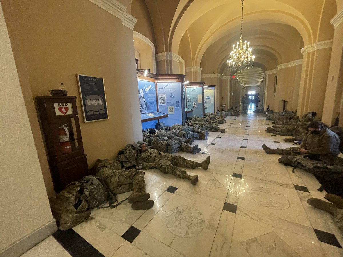 francismmaxwell's tweet photo. Remember how they said @Kaepernick7 was ‘disrespecting the military’ by peacefully kneeling to shed light on police brutality. 

I wonder if those who slandered him have anything to say about this: soldiers forced to sleep on the floor all night because of Trumps violent mob. https://t.co/cHVIyxv6kk