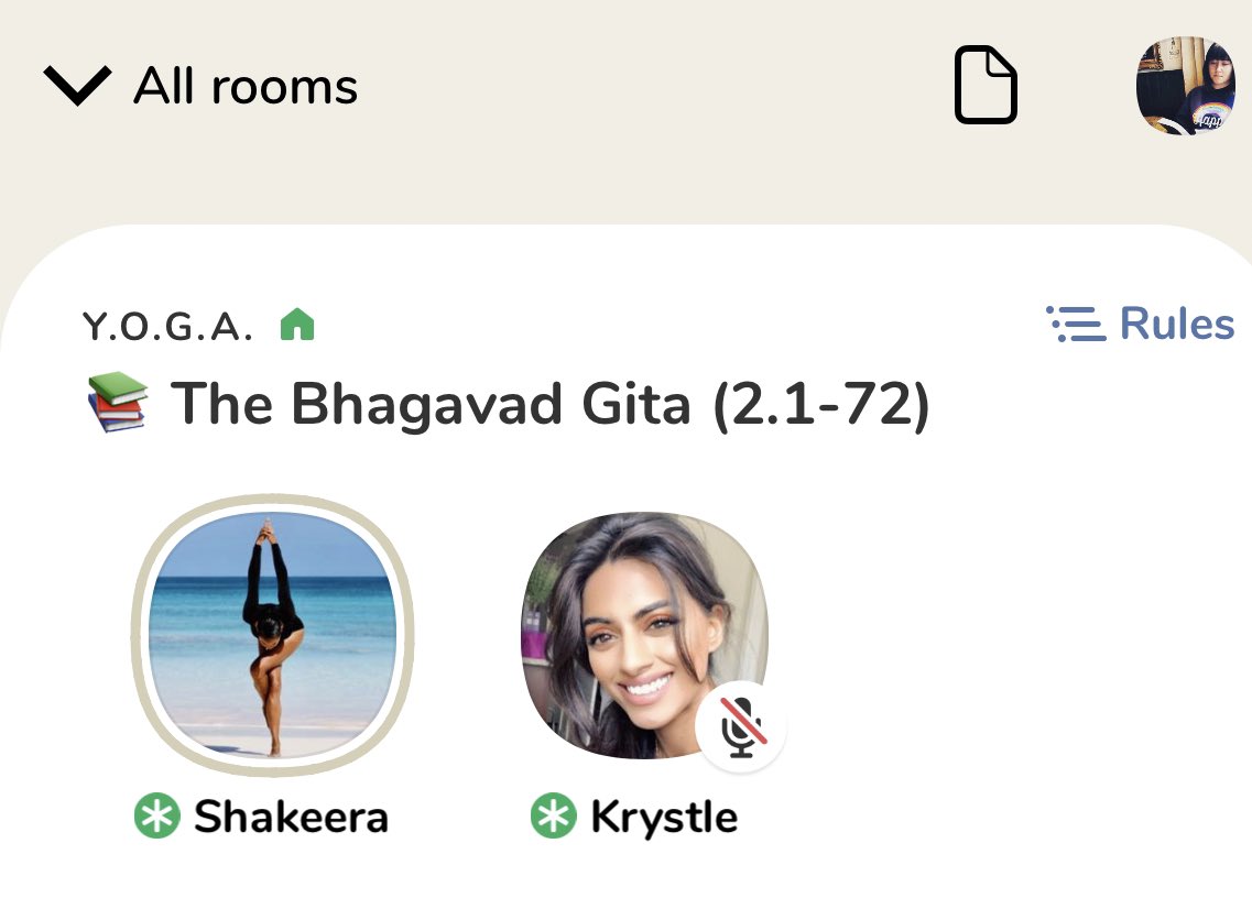 fionamcbride's tweet photo. Wow! What a brilliant @joinClubhouse room for my first time in the app. 🧘🏻‍♀️❤️
I’m listening to @krystleeye @ShakeeraKelly sharing their thoughts and exploring The Bhagavad Gita. 

Thank you to @Marcoable for inviting me to join Clubhouse 🙏 x https://t.co/YjSv0scsgm