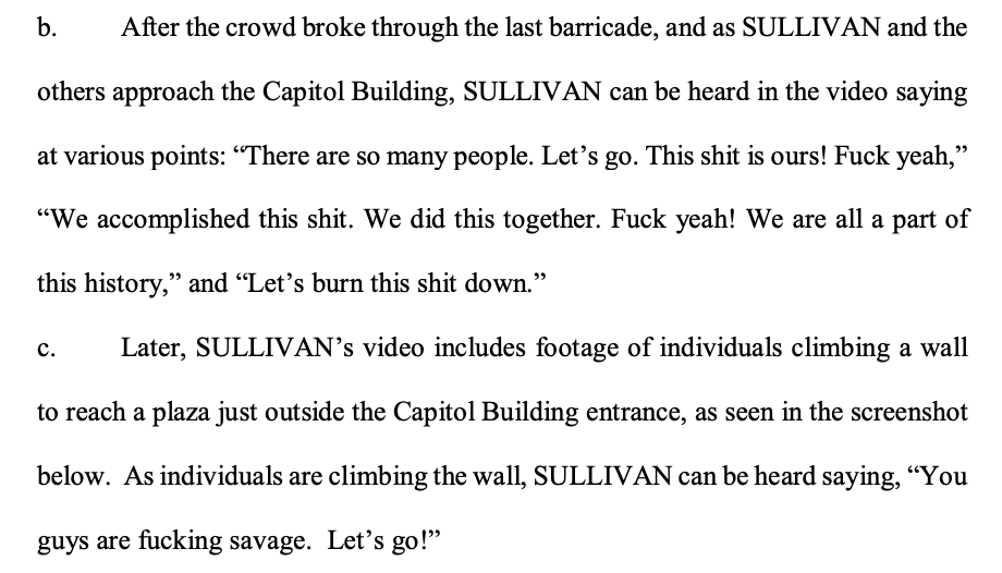 5/ Despite Sullivan's claims to the contrary the video footage he provided to the FBI showed that he was clearly inciting the protesters exclaiming, "Let's go! This shit is ours! Fuck yeah! We accomplished this shit! We did this together! Fuck yeah! Let's burn this shit down!