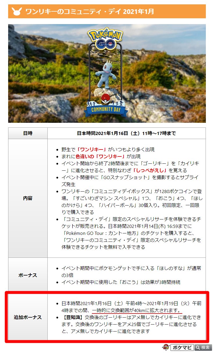 ポケモンgo攻略情報 ポケマピ Sur Twitter ワンリキーのコミュニティ デイの追加ボーナスとして 日本時間21 1 16 土 午前4時 21 1 19 火 午前4時まで の間 一時的に交換範囲が40kmに拡大されます 交換後の ゴーリキーはアメ0個でカイリキーに進化でき