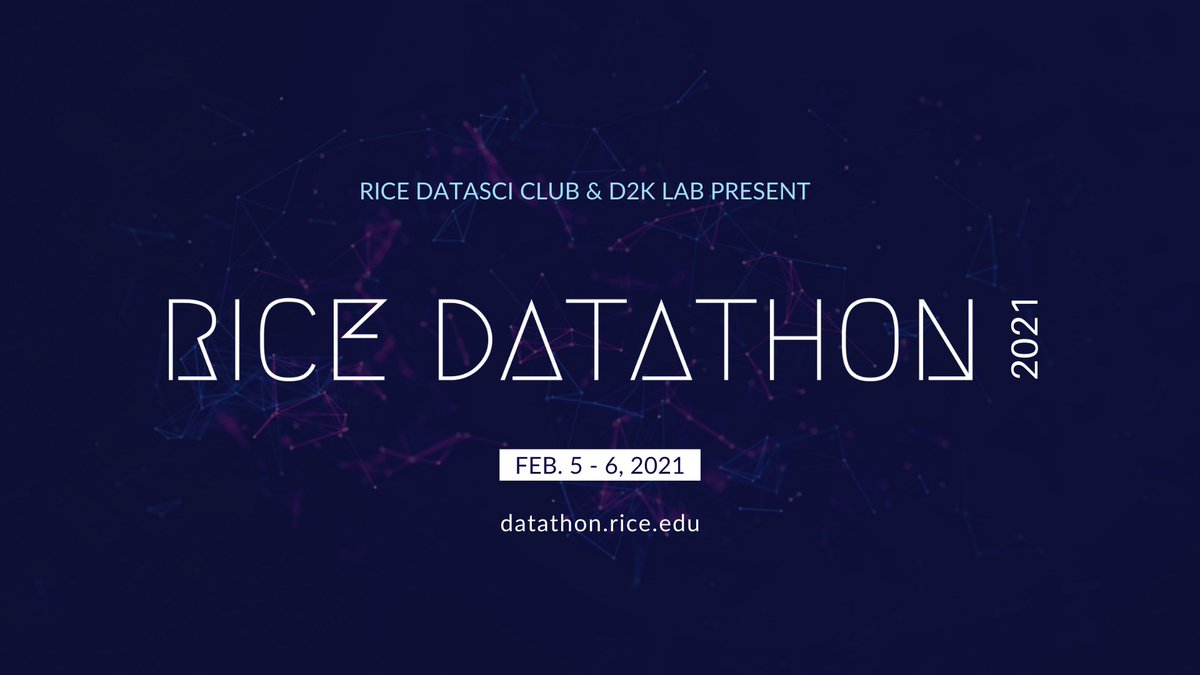 Rice_D2KLab's tweet photo. โผ๏ธ Event alert โผ๏ธ
The 3rd annual #RiceDatathon is coming up on FEB 5-6, 2021. ๐คฉ Great opportunity to learn #datascience, meet new friends and win prizes! Registration is now open: https://t.co/uRVwlqY7jG (Rice students)
https://t.co/Ry9p38s7PR (Non-Rice) https://t.co/JvzrRO1dT9