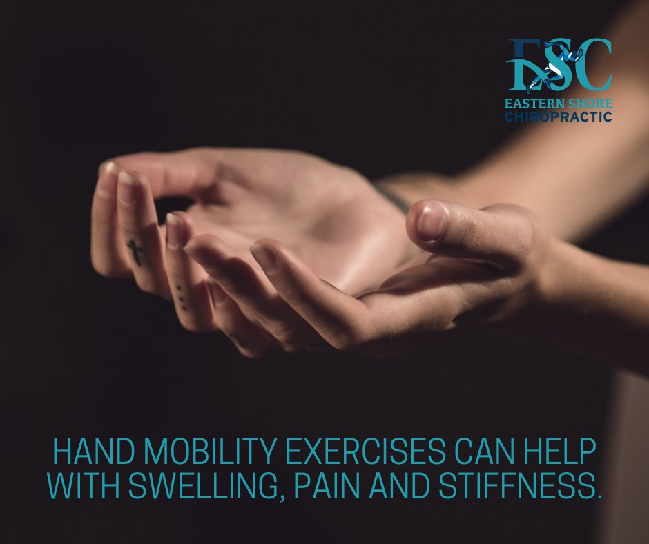 ESchiropractic's tweet photo. Hand mobility exercises help with swelling, pain and stiffness. One easy exercise is to open your hand wide with your thumb pointing out, and slowly move your thumb across your palm at each finger and back to the starting position. #ESChiro #ChiroTip https://t.co/nqb7o0zYTA