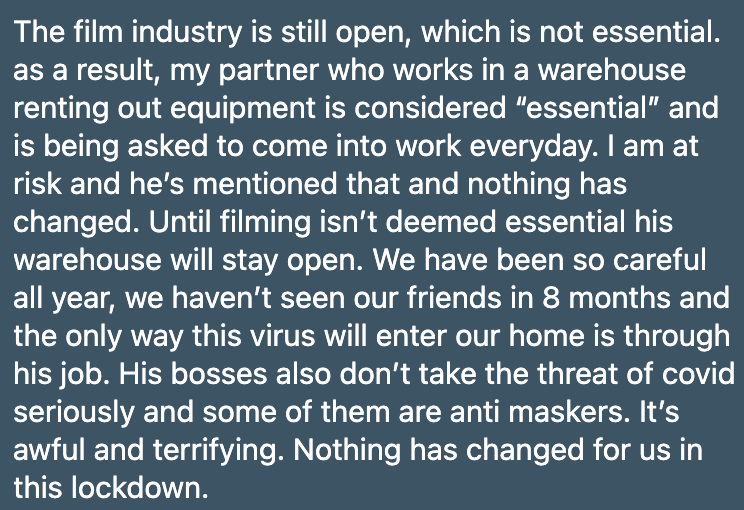 If an industry is deemed essential, like um film?, people who need to pay the bills, even if they're at heightened risk and work with anti-maskers - gotta go to work