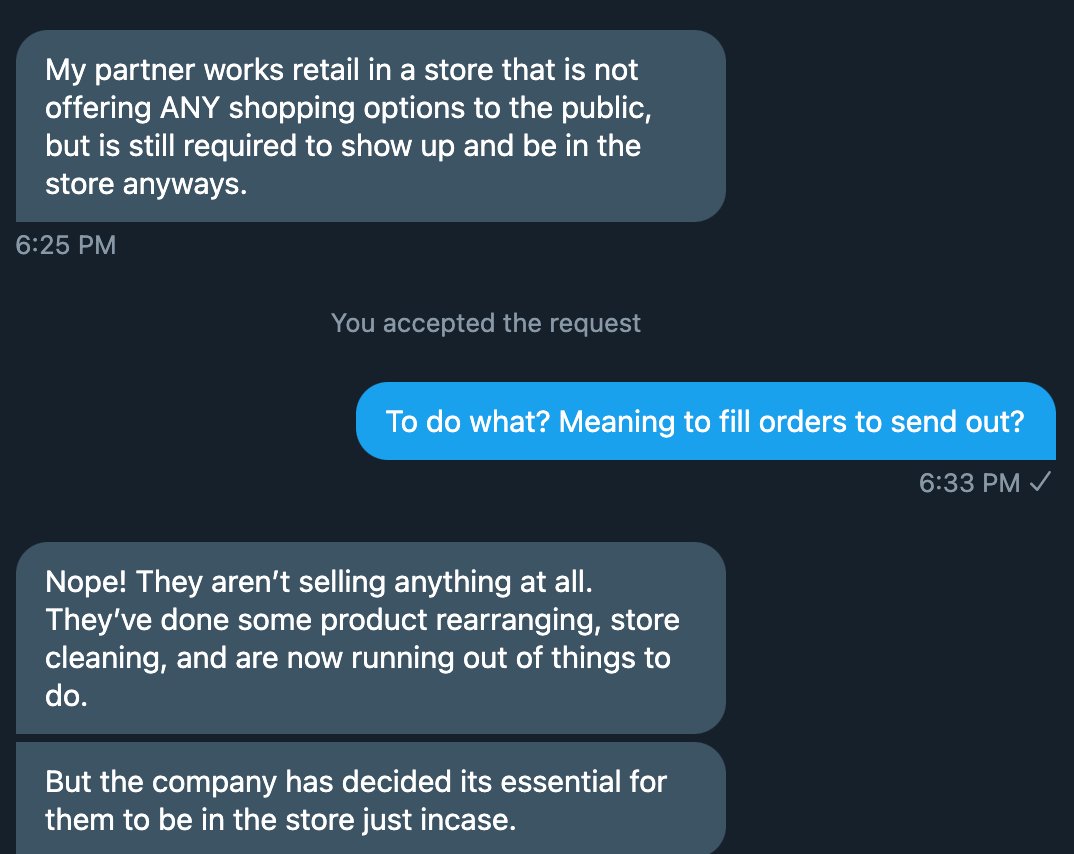 Store's literally not offering up public retail. No one's coming in. Except workers that is. Essential that they do.